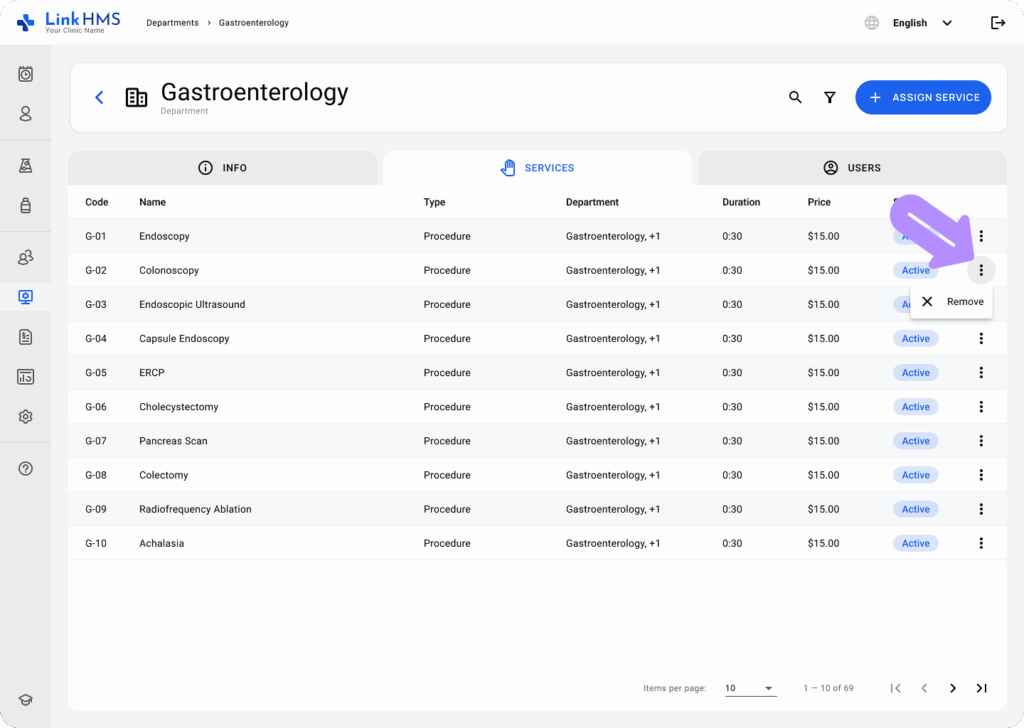 LinkHMS assigning and creating services within a department 8