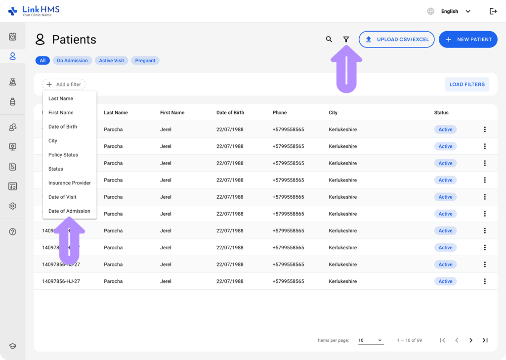 LinkHMS patient filters 2