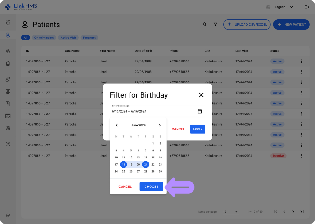 LinkHMS patient filters 8