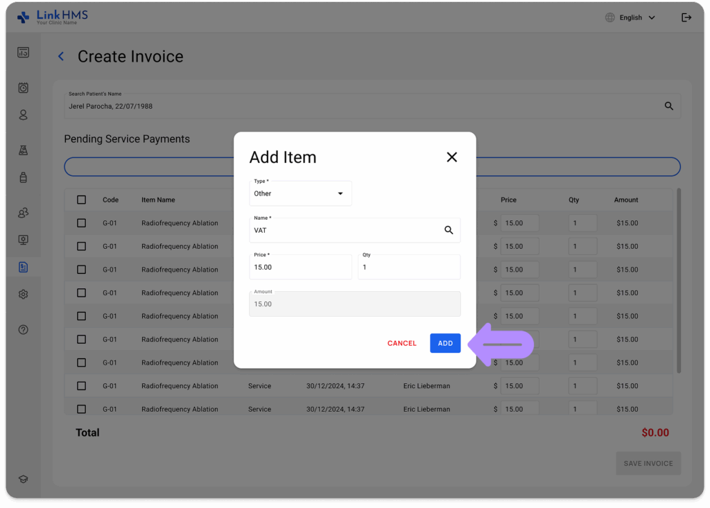 LinkHMS adding VAT