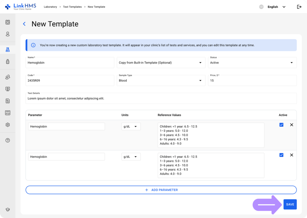 LinkHMS add and edit custom tests 11