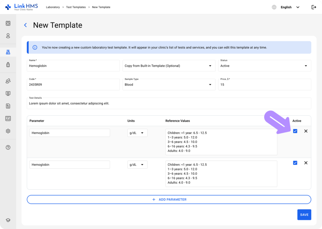 LinkHMS add and edit custom tests 8