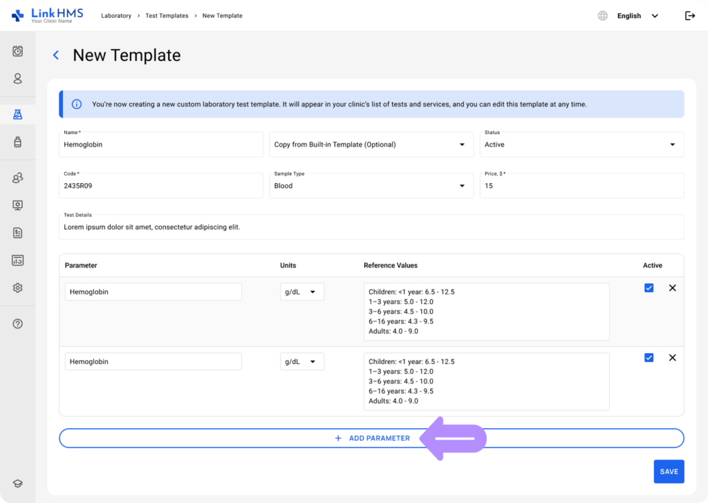 LinkHMS add and edit custom tests 9
