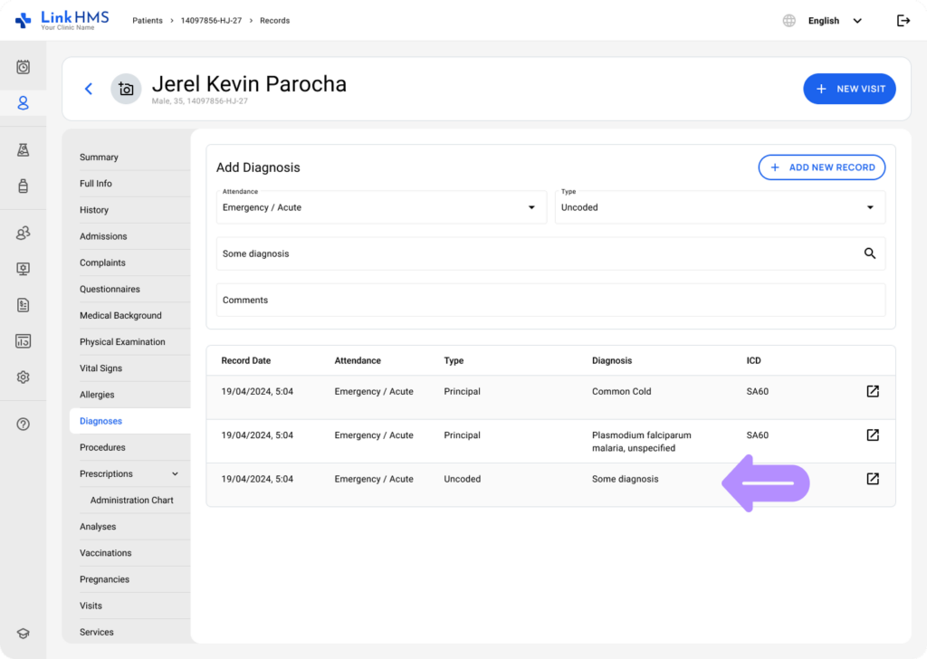 LinkHMS add an uncoded diagnosis 7
