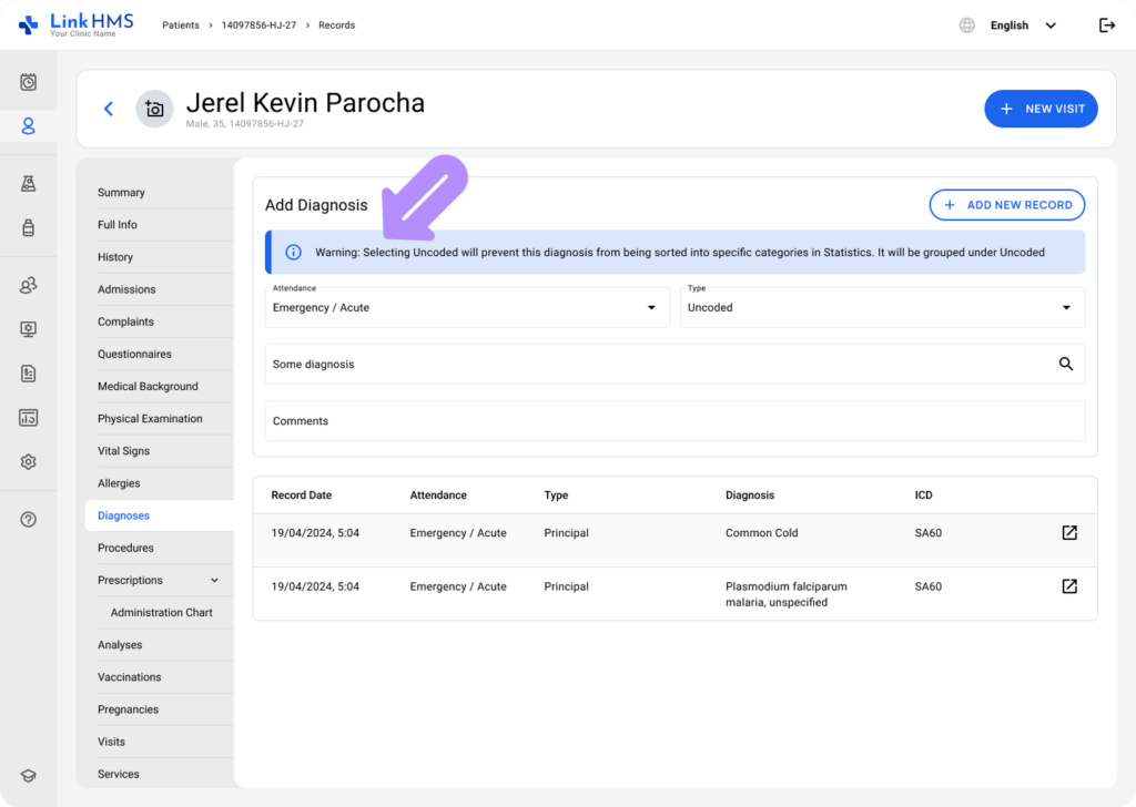 LinkHMS add an uncoded diagnosis 8